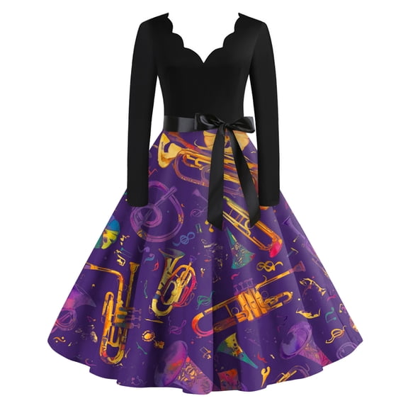 Fgvctg Mardi Gras Dresses for Women Funny Long Sleeve Cocktail Dresses Oversized Parade Party 1950s Dresses Carnival Glitter Mask Print Outfit Vintage V Neck Clothing Hot Pink L