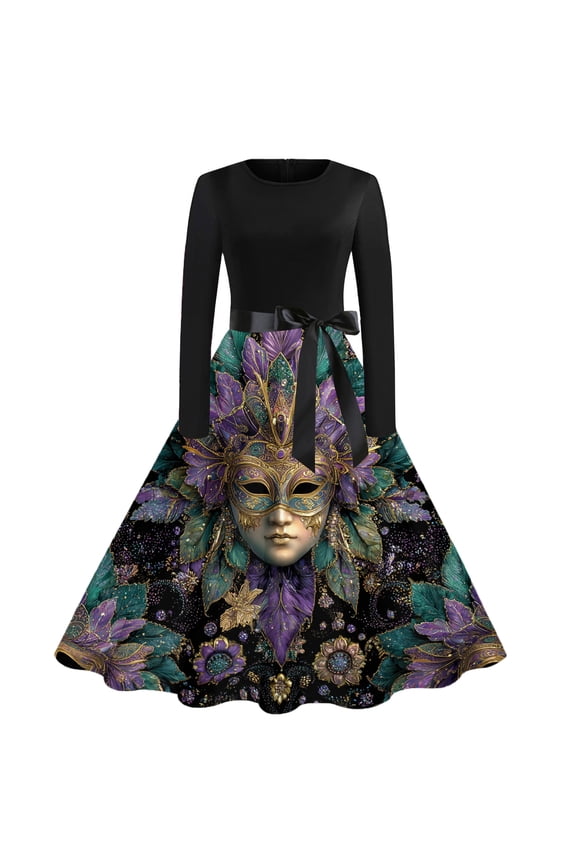 Mardi Gras Dresses for Women Retro Cocktail 50's Midi Dress Glitter Mask Print Crewneck Dresses Plus Size Vintage Carnival Parade Party Long Sleeve Clothes Fit Outfits Bronze S