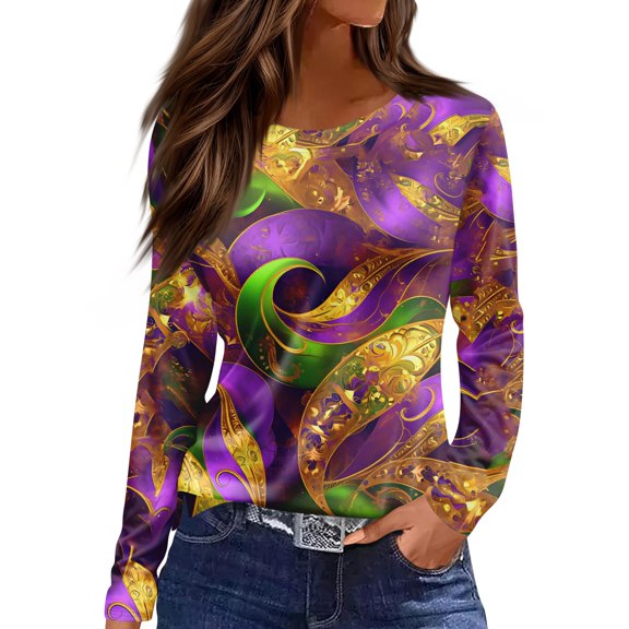 Fgvctg Mardi Gras Fall Shirts for Women Dressy Casual Crewneck Long Sleeve Shirts Carnival Party Pullover Cute Tops Plus Size Mask Graphic Celebration Blouse Purple S