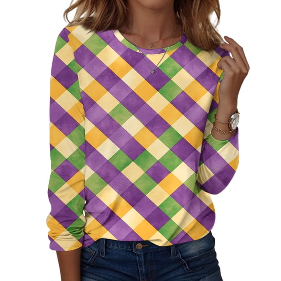 Fgvctg Mardi Gras Fall Shirts for Women Dressy Casual Long Sleeve Crewneck Shirts Funny Carnival Party Pullover Top Oversized Mask Print Celebration Blouse Yellow 2XL