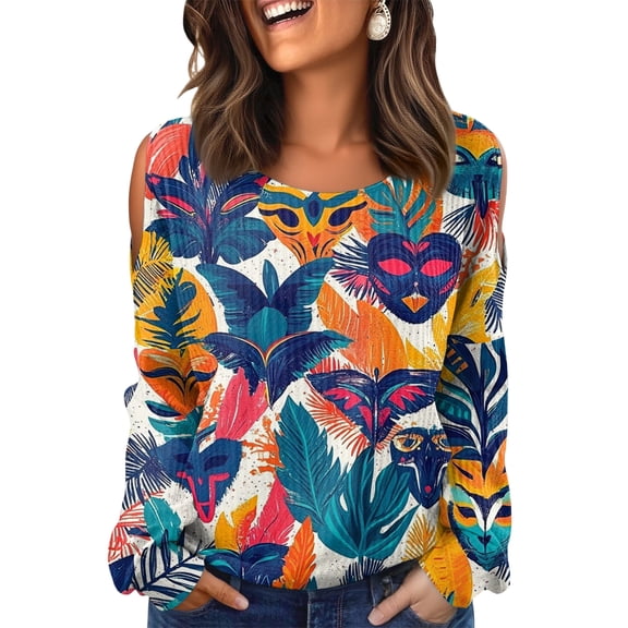 Fgvctg Mardi Gras Fall Shirts for Women Dressy Casual Long Sleeve Crewneck Top Funny Carnival Party Pullover Shirts Plus Size Mask Graphic Celebration Blouse Blue 2XL