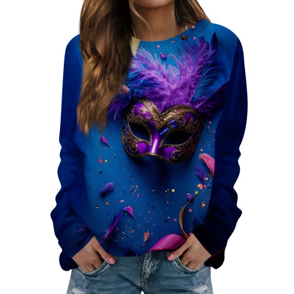 Fgvctg Mardi Gras Fall Shirts for Women Dressy Casual Long Sleeve Crewneck Tops Funny Carnival Party Pullover Shirt Oversized Mask Print Celebration Costumes Purple M