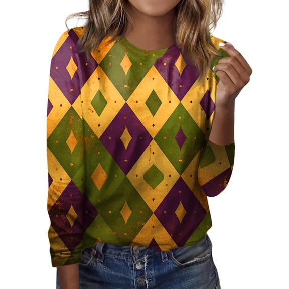 Fgvctg Mardi Gras Fall Tops for Women 2025 Dressy Casual Crewneck Long Sleeve Shirt Carnival Party Pullover Funny Top Oversized Mask Print Celebration Blouse Purple Pink L