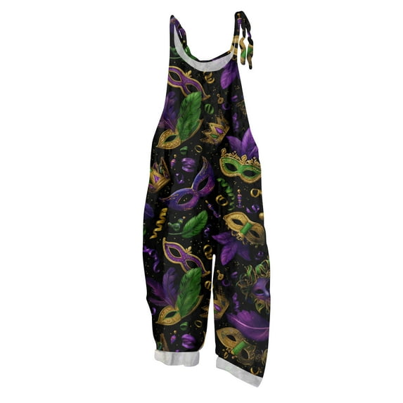 Fgvctg Mardi Gras Jumpsuits for Women Casual Wide Leg Pant Carnival Party Spaghetti Straps Vintage Mask Print Jumpsuit Sleeveless Bib Overalls Sprimg Romper Clothes With Pockets Dark Purple M