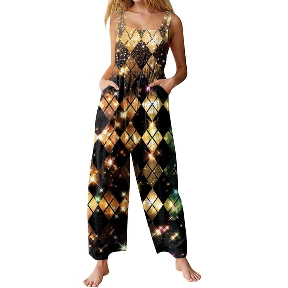 Fgvctg Mardi Gras Jumpsuits for Women Sleeveless Carnival Party Spaghetti Straps Overalls Parade Wide Leg Pant Mask Print Bib Overalls Romper Sprimg Pants With Pockets Gold L