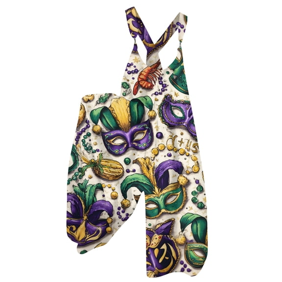 Fgvctg Mardi Gras Jumpsuits for Women Wide Leg Pant Carnival Party Spaghetti Straps Adjustable Mask Graphic Jumpsuit Sleeveless Bib Overalls Sprimg Rompers Clothing With Pockets White S