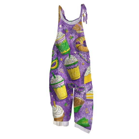 Fgvctg Mardi Gras Jumpsuits for Women Wide Leg Pant Carnival Party Spaghetti Straps Trendy Mask Print Jumpsuit Sleeveless Bib Overalls Sprimg Romper Clothes With Pockets Purple S