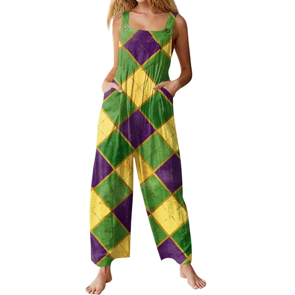 Fgvctg Mardi Gras Jumpsuits for Women Wide Leg Pant Dressy Overall Mask Print Sleeveless Carnival Party Spaghetti Straps Jumpsuit Romper Bib Overalls Loose Sprimg Pants With Pockets Saffron M
