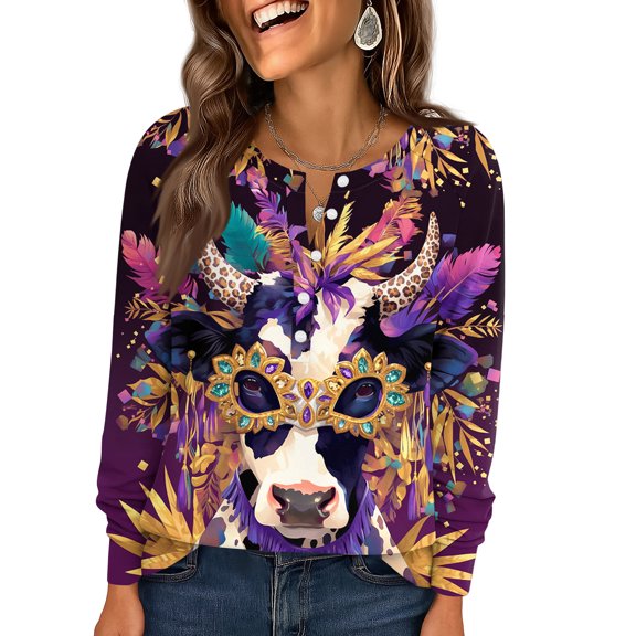 Fgvctg Mardi Gras Long Sleeve Womens Tops Dressy Casual V Neck Shirt Trendy Carnival Party Pullover Tops Loose Mask Graphic Celebration Blouse Black 3XL