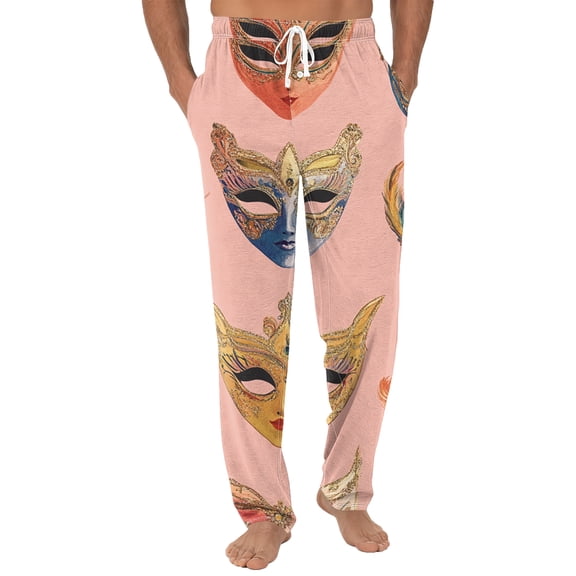 Fgvctg Mardi Gras Men's Pajamas Fashion Mask Print Carnival Party Wide Leg Pajamas Sleepwear High Waisted Pjs Pants Oversized Spring Drawstring Lounge Pants with Pockets Light pink L