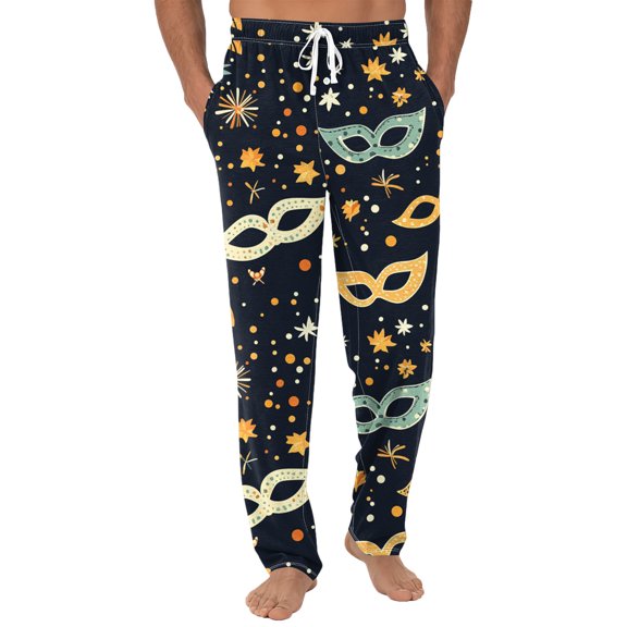 Fgvctg Mardi Gras Men's Pajamas Lightweight Carnival Party Wide Leg Sleepwear Pajamas Pants Fashion Mask Print High Waisted Pj Spring Drawstring Lounge Pants with Pockets Green S