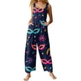 thumbnail image 1 of Fgvctg Mardi Gras Overalls for Women Sleeveless Carnival Party Spaghetti Straps Overall Dressy Wide Leg Pant Mask Print Bib Overalls Romper Sprimg Pant With Pockets Dark Blue XXL, 1 of 6