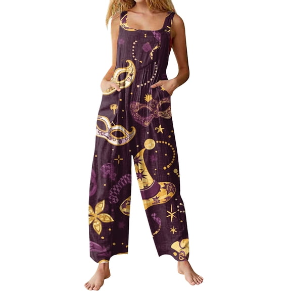 Fgvctg Mardi Gras Overalls for Women Wide Leg Pant Carnival Party Spaghetti Straps Dressy Mask Print Jumpsuit Sleeveless Bib Overalls Sprimg Romper Clothes With Pockets Light Purple XL