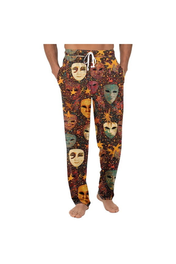 Mardi Gras Pajama Pants Mens Loose Carnival Party Wide Leg Sleepwear Pajama Pants Loungewear Mask Print High Waisted Pj Spring Drawstring Lounge Pants with Pockets Coffee 2XL