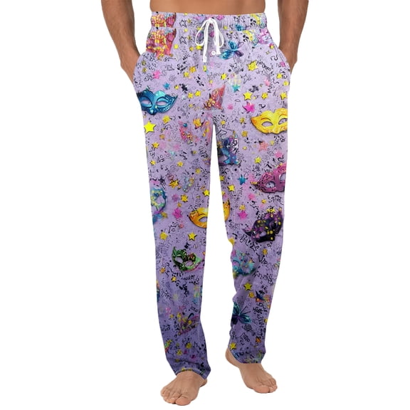 Fgvctg Mardi Gras Pajamas for Men Fashion Sleepwear Carnival Party Wide Leg Pajamas Mask Graphic High Waisted Pj Pants Loose Spring Drawstring Lounge Pants with Pockets Purple L