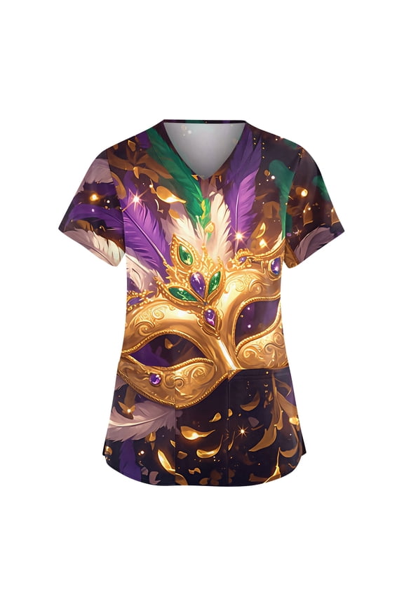 Mardi Gras Scrub Tops Women Casual V Neck Short Sleeve Scrubs Tops Carnival Party Mask Printed Workwear Shirt Medical Scrub Work T Shirts Oversized Nursing Uniform with Pockets Multicolor L