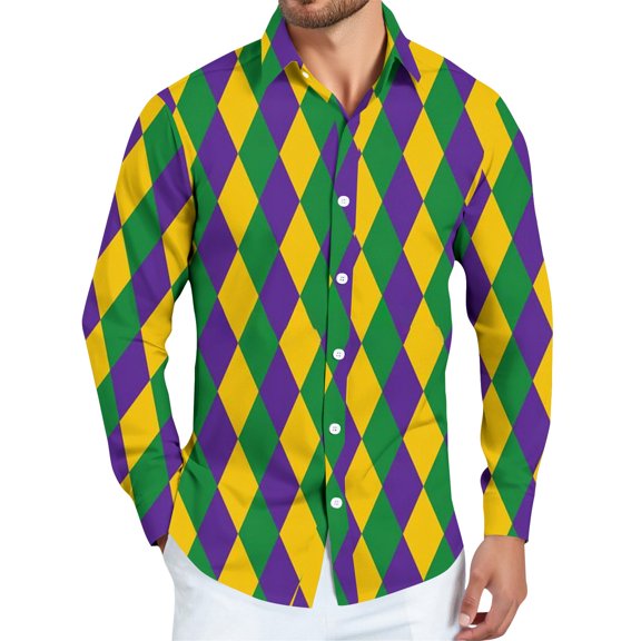 Fgvctg Mardi Gras Shirts for Men Carnival Party Long Sleeve Cotton Button Down Blouse Casual Mask Print Shirts Oversized Collared Business Casual Outfits Yellow 2XL