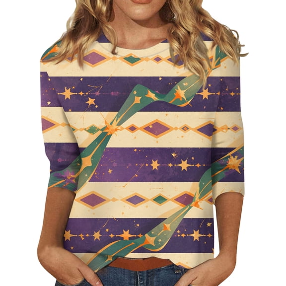 Fgvctg Mardi Gras Shirts for Women Dressy Casual 3/4 Sleeve Crewneck Shirt Funny Carnival Party Pullover Tops Oversized Mask Print Fashion Blouse Khaki L