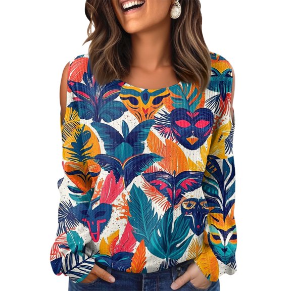 Fgvctg Mardi Gras Shirts for Women Dressy Casual Crewneck Long Sleeve Shirts Carnival Party Pullover Cute Top Oversized Mask Graphic Celebration Costumes Blue L