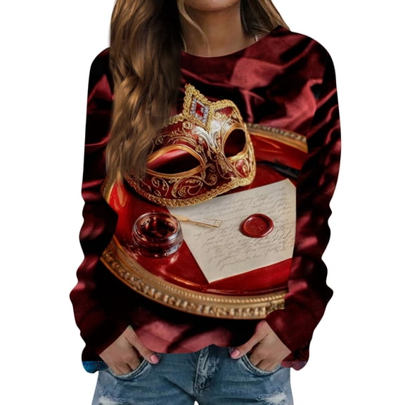 Fgvctg Mardi Gras Shirts for Women Dressy Casual Crewneck Long Sleeve Top Loose Carnival Party Pullover Shirts Funny Mask Graphic Celebration Blouse Red XL