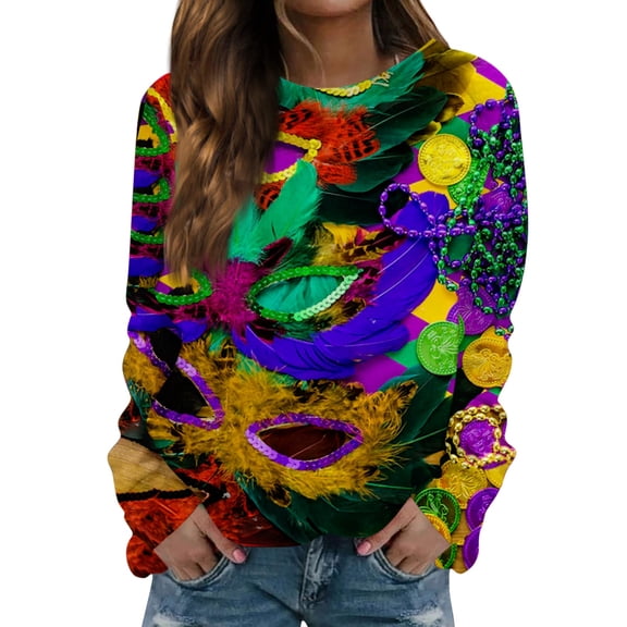Fgvctg Mardi Gras Shirts for Women Dressy Casual Crewneck Long Sleeve Tops Oversized Carnival Party Pullover Shirts Comfortable Mask Print Celebration Costumes Royal Blue L