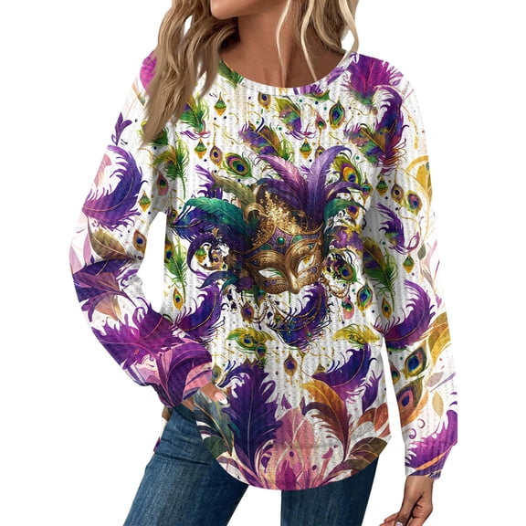 Fgvctg Mardi Gras Shirts for Women Dressy Casual Long Sleeve Crewneck Shirts Carnival Party Pullover Top Plus Size Mask Graphic Celebration Blouse Light Purple S
