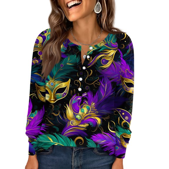 Fgvctg Mardi Gras Shirts for Women Dressy Casual Long Sleeve V Neck Tops Flowy Carnival Party Pullover Shirt Loose Mask Print Celebration Blouse Black 3XL