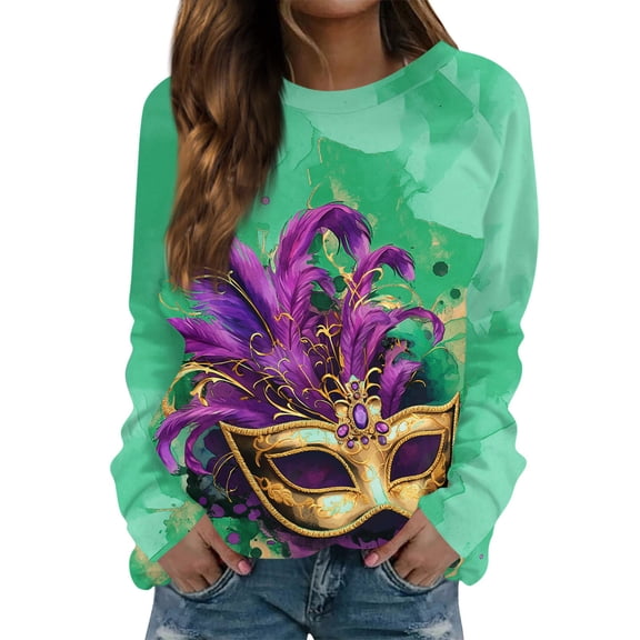 Fgvctg Mardi Gras Shirts for Women Dressy Casual Long Sleeve Crewneck Top Carnival Party Pullover Shirts Loose Mask Print Celebration Blouse Green S