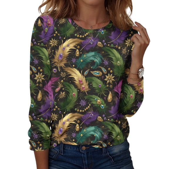 Fgvctg Mardi Gras Tops for Women 2025 Dressy Casual Crewneck Long Sleeve Shirt Carnival Party Pullover Funny Tops Oversized Mask Graphic Celebration Blouse Army Green L