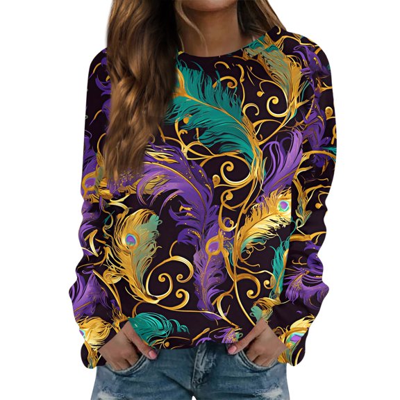 Fgvctg Mardi Gras Tops for Women Dressy Casual Crewneck Long Sleeve Shirt Carnival Party Pullover Cute Top Plus Size Mask Graphic Celebration Blouse Purple 3XL