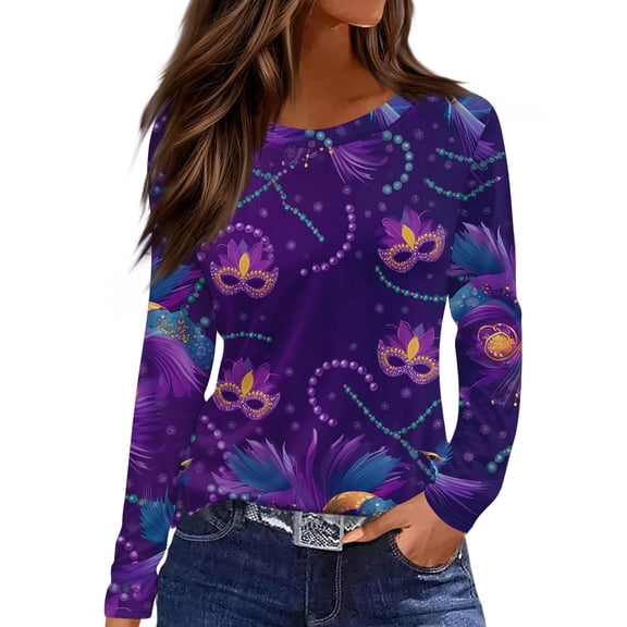 Fgvctg Mardi Gras Tops for Women Dressy Casual Crewneck Long Sleeve Shirt Carnival Party Pullover Trendy Top Loose Mask Print Celebration Blouse Dark Purple XL