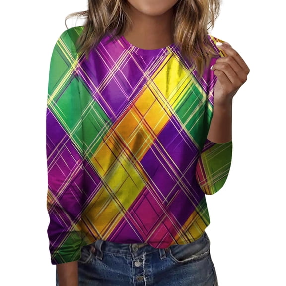 Fgvctg Mardi Gras Tops for Women Dressy Casual Crewneck Long Sleeve Top Plus Size Carnival Party Pullover Shirts Funny Mask Graphic Celebration Blouse White M
