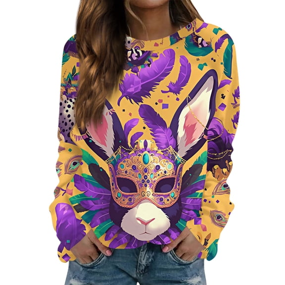 Fgvctg Mardi Gras Tops for Women Dressy Casual Long Sleeve Crewneck Tops Carnival Party Pullover Shirts Oversized Mask Print Celebration Blouse Light Purple L