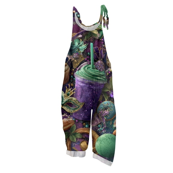 Fgvctg Mardi Gras Women's Jumpsuit Sleeveless Carnival Party Spaghetti Straps Overall Adjustable Wide Leg Pant Mask Print Bib Overalls Romper Sprimg Pants With Pockets Dark Purple S