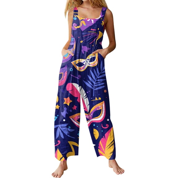 Fgvctg Mardi Gras Women's Jumpsuit Sleeveless Carnival Party Spaghetti Straps Overall Adjustable Wide Leg Pant Mask Print Bib Overalls Romper Sprimg Pants With Pockets Light pink M