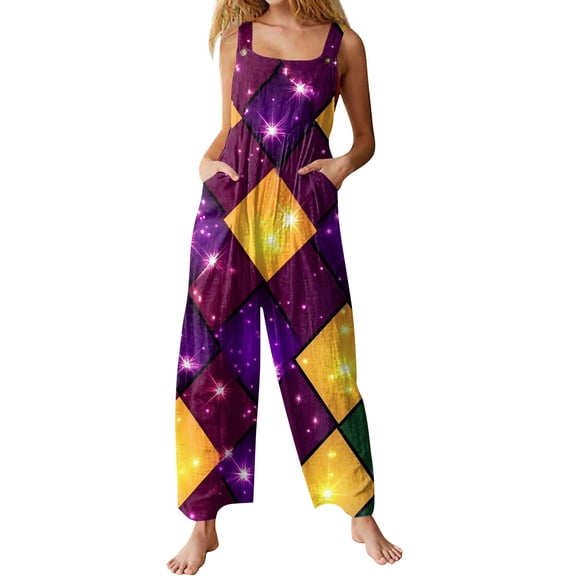 Fgvctg Mardi Gras Women's Jumpsuit Wide Leg Pant Festival Mask Graphic Overall Sleeveless Rompers Carnival Party Spaghetti Straps Jumpsuits Loose Bib Overalls With Pockets Purple Pink XXXL