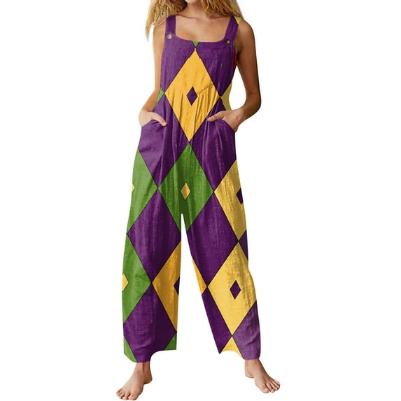 Fgvctg Mardi Gras Women's Jumpsuit Wide Leg Pant Vintage Mask Graphic Overall Sleeveless Romper Carnival Party Spaghetti Straps Jumpsuits Loose Bib Overalls With Pockets Purple Pink XXL
