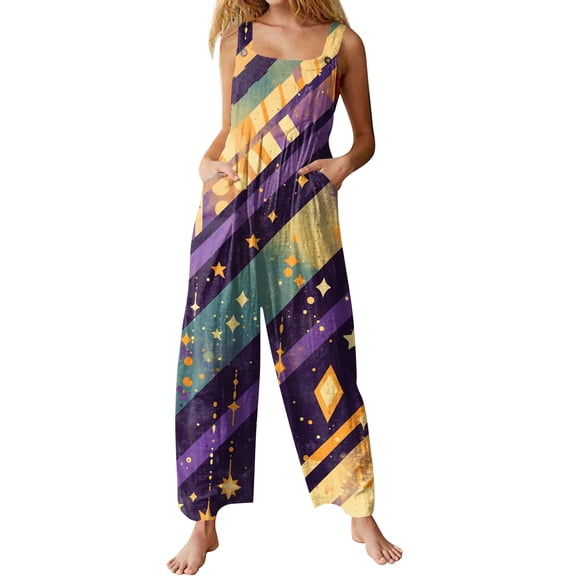 Fgvctg Mardi Gras Women's Jumpsuits Sleeveless Carnival Party Spaghetti Straps Overall Vintage Wide Leg Pant Mask Graphic Bib Overalls Rompers Sprimg Pant With Pockets Purple XXXXL
