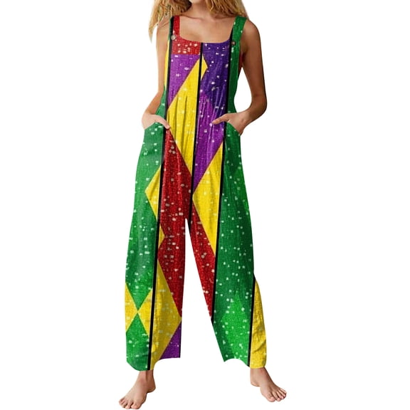 Fgvctg Mardi Gras Women's Jumpsuits Sleeveless Carnival Party Spaghetti Straps Overall Vintage Wide Leg Pant Mask Print Bib Overalls Romper Sprimg Pants With Pockets Red L