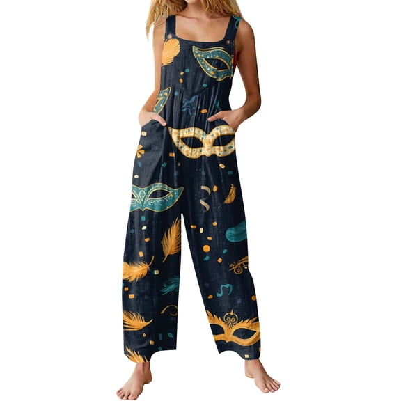 Fgvctg Mardi Gras Women's Jumpsuits Sleeveless Carnival Party Spaghetti Straps Overalls Cute Wide Leg Pant Mask Graphic Bib Overalls Romper Sprimg Pant With Pockets Dark Blue XXXXL