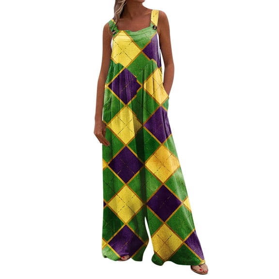 Fgvctg Mardi Gras Women's Jumpsuits Wide Leg Pant Carnival Party Spaghetti Straps Cute Mask Print Jumpsuit Sleeveless Bib Overalls Sprimg Rompers Clothes With Pockets Army Green M
