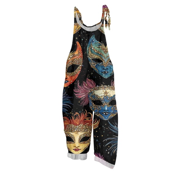 Fgvctg Mardi Gras Women's Overalls Wide Leg Pant Comfy Overall Mask Print Sleeveless Carnival Party Spaghetti Straps Jumpsuit Rompers Bib Overalls Loose Sprimg Pants With Pockets Black S