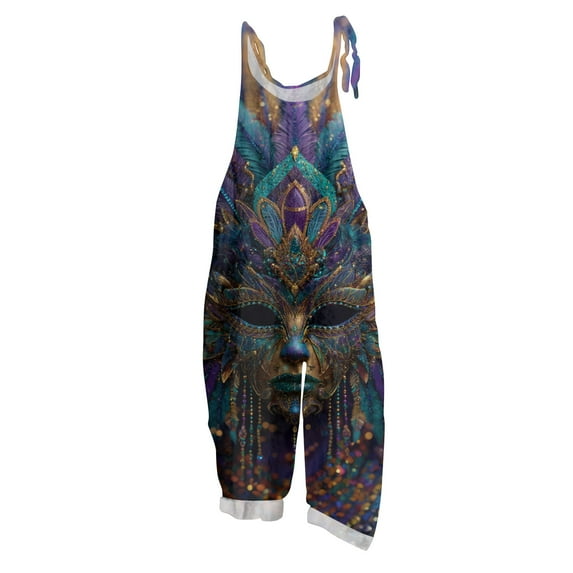 Fgvctg Mardi Gras Women's Overalls Wide Leg Pant Vintage Overall Mask Graphic Sleeveless Carnival Party Spaghetti Straps Jumpsuits Rompers Bib Overalls Loose Sprimg Pants With Pockets Dark Gray M