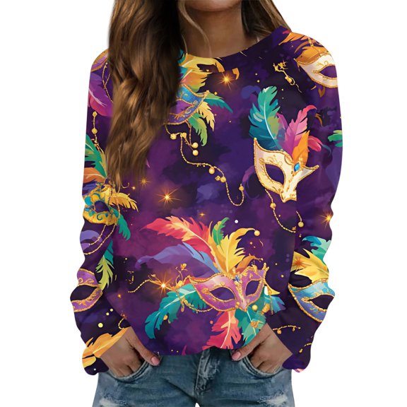 Fgvctg Mardi Gras Women's Tops Dressy Casual Crewneck Long Sleeve Shirts Carnival Party Pullover Flowy Tops Plus Size Mask Graphic Celebration Costumes Dark Purple 3XL