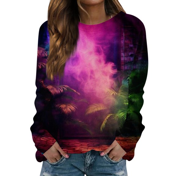 Fgvctg Mardi Gras Women's Tops Dressy Casual Crewneck Long Sleeve Tops Loose Carnival Party Pullover Shirts Comfortable Mask Print Celebration Blouse Hot Pink S