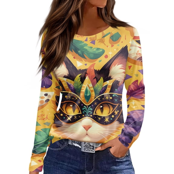 Fgvctg Mardi Gras Women's Tops Dressy Casual Long Sleeve Crewneck Shirts Flowy Carnival Party Pullover Tops Oversized Mask Graphic Celebration Blouses Yellow M