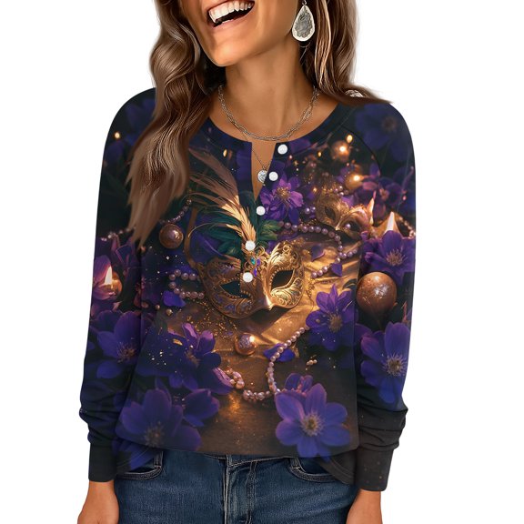 Fgvctg Mardi Gras Women's Tops Dressy Casual V Neck Long Sleeve Tops Plus Size Carnival Party Pullover Shirt Soft Mask Print Celebration Blouse Navy M