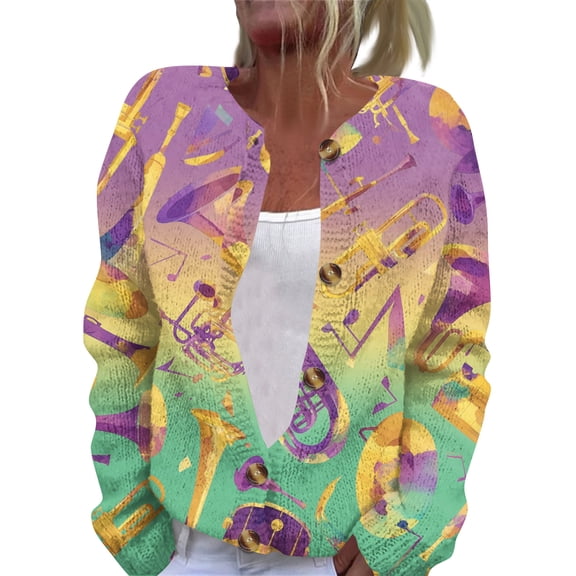 Fgvctg Mardi Gras Womens Cardigan Cozy Carnival Party Open Front Cute Cardigan Sweater Casual Long Sleeve Coats Mask Print Cardigans Spring fall Button Down Sweaters Loose Outfit Purple Pink S