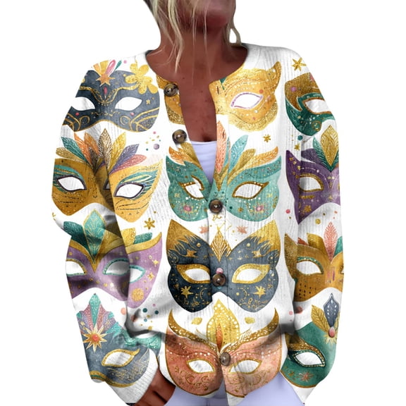 Fgvctg Mardi Gras Womens Cardigan Trendy Carnival Party Open Front Cute Cardigan Sweaters Casual Long Sleeve Coats Mask Print Cardigans Spring fall Button Down Sweater Plus Size Outfit Light Green L