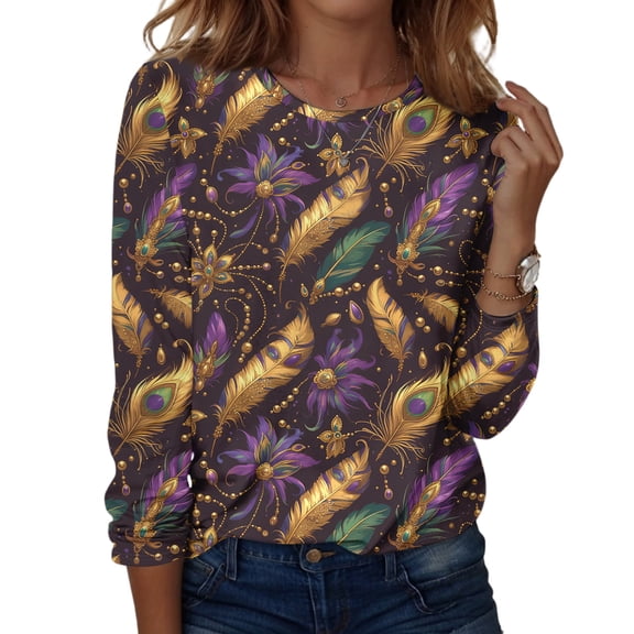 Fgvctg Mardi Gras Womens Fall Tops Dressy Casual Crewneck Long Sleeve Shirts Carnival Party Pullover Cute Tops Loose Mask Graphic Celebration Costumes Black 5XL